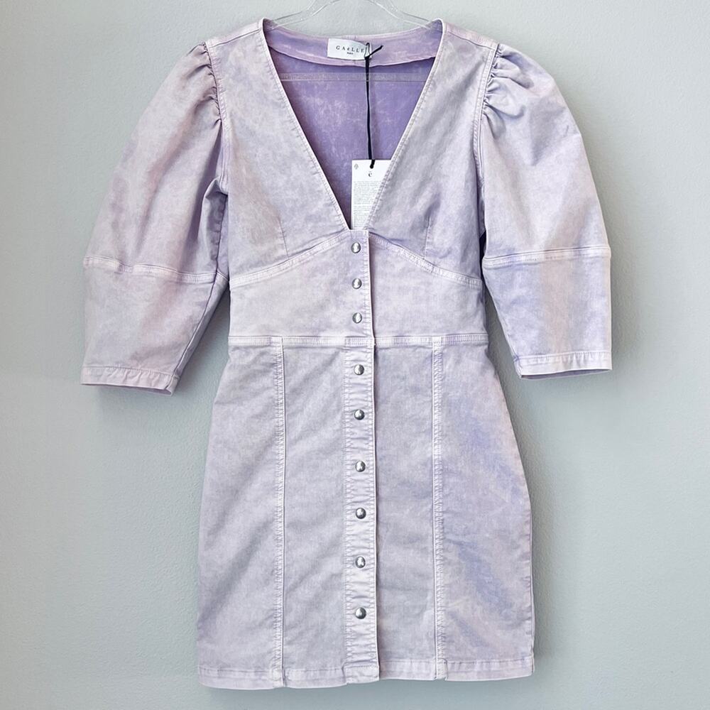 Gaelle Paris Denim Mini Dress Statement Sleeve Parisian Chic Lilac Size S NWT
